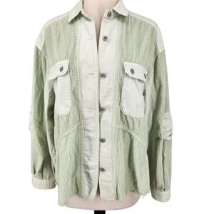 Free People We The Free Pale Green Patchwork Corduroy Shirt Jacket Shacket Flaws